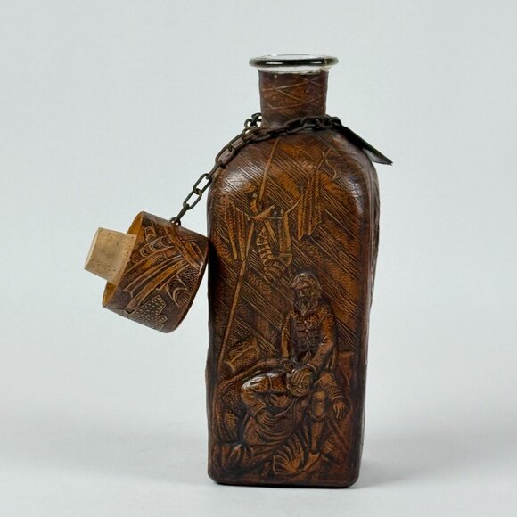 Vintage Tooled Leather Liquor Empty Whiskey Bottle Holder Chain Cork Stopper - Picture 2 of 10
